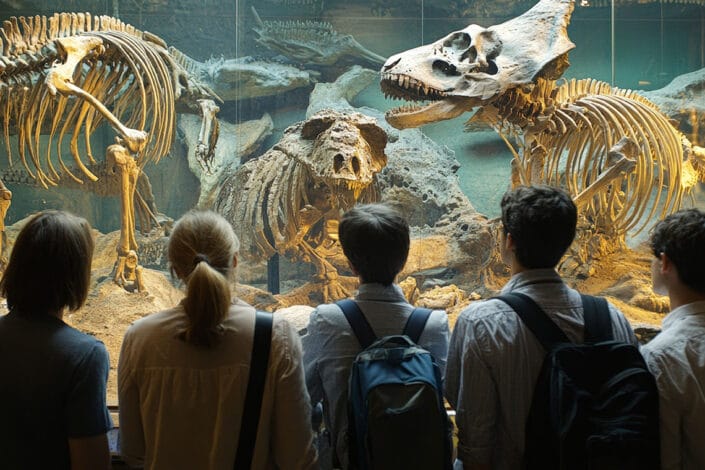 group of students in a museum looking at fossillised skeletons of dinosaurs