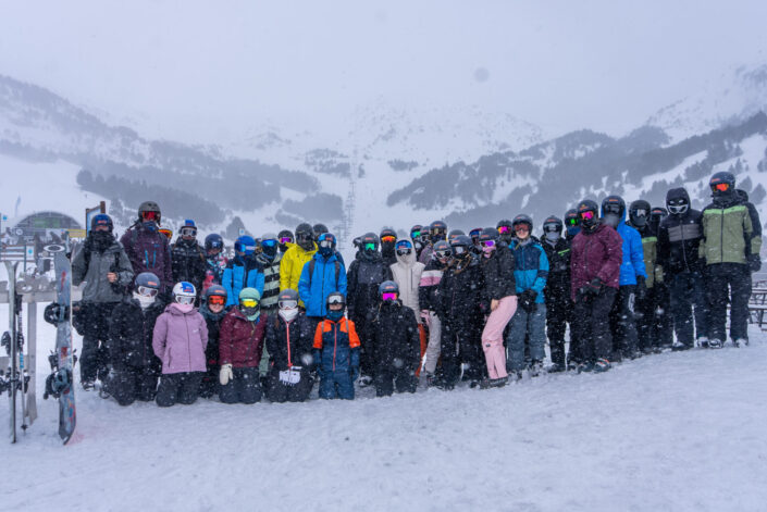 Group photo of a school on a ski trip