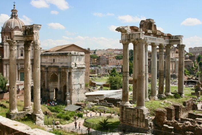 Ancient ruins of the Roman Forum in Rome, Italy, a historic site for studying Roman politics and civilisation.